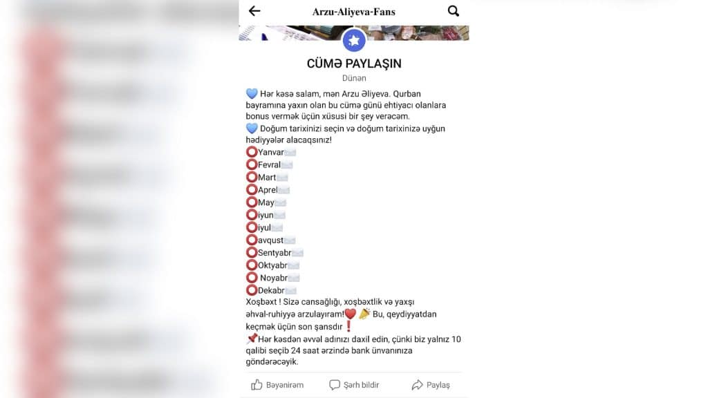 Dələduzlar Arzu Əliyevanın adından səhifə açıb