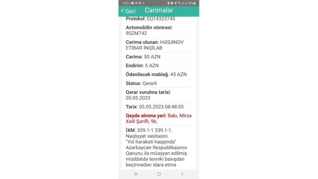 Bakıda 6 aydır sürülməyən avtomobilə cərimə gəlib