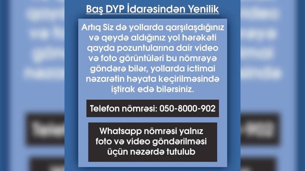Qayda pozuntuları ilə bağlı yenilik: Baş Dövlət Yol Polisi İdarəsi xüsusi WhatsApp xətti yaradıb
