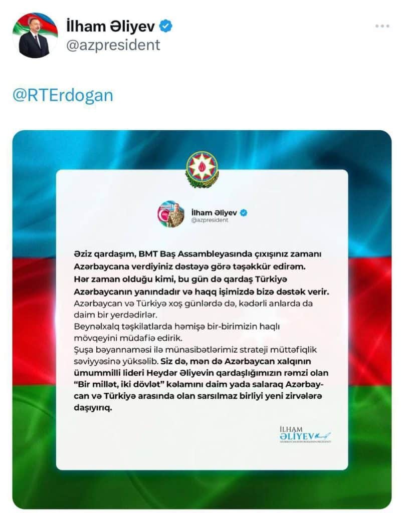 Prezident İlham Əliyev Türkiyə prezidentinə təşəkkür edib