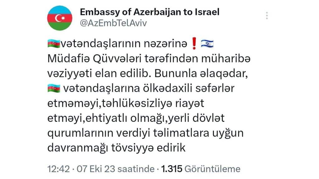 Azərbaycanın İsraildəki səfirliyi vətəndaşlarımıza çağırış edib