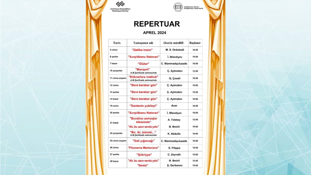 Milli Dram Teatrının növbəti ay üçün repertuarı açıqlanıb