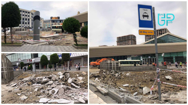 28 May metrosunun qarşısında təmir işləri aparılır