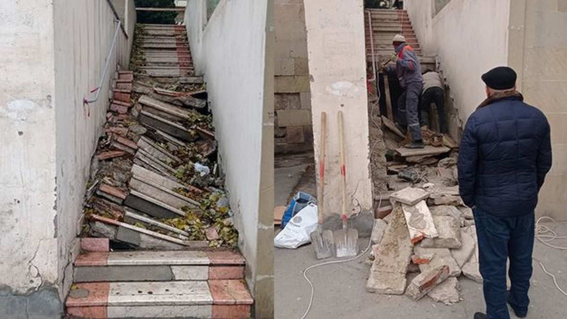 Bakıda dağılan pilləkən təmir olunur