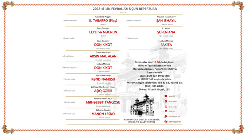 Opera və Balet Teatrının fevral ayı üçün repertuarı açıqlanıb