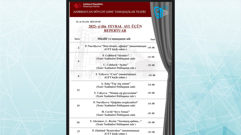 Gənc Tamaşaçılar Teatrında fevral ayı üçün keçiriləcək tamaşaların siyahısı açıqlanıb