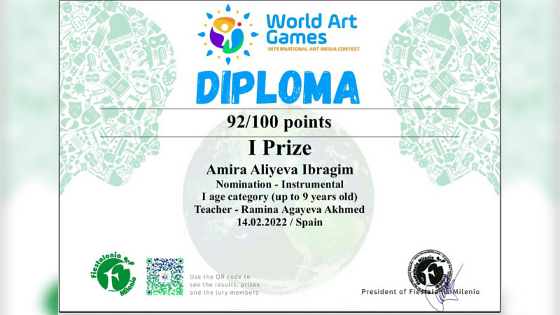 6 nömrəli uşaq musiqi məktəbinin şagirdi İspaniyada keçirilən “Piano” nominasiyasında I yer tutub