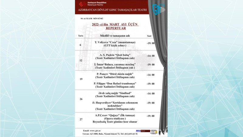 Gənc Tamaşaçılar Teatrı mart ayı üçün 8 tamaşa hazırlayıb