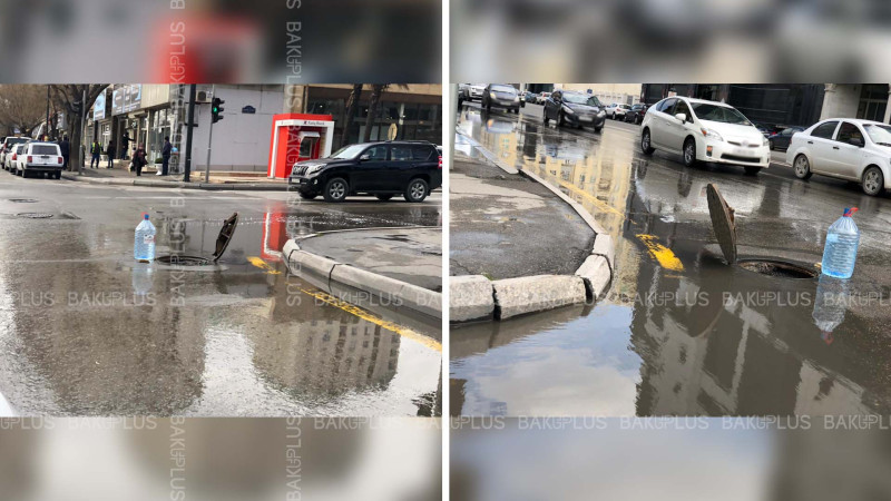 Nərimanovda yolun ortasında açıq lyuk qeyri-adi üsulla “qorunur”
