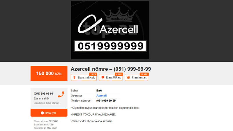 Bakıda fantastik qiymətə telefon nömrəsi satışa çıxarılıb