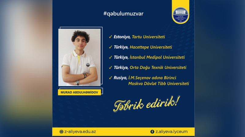 Akademik Zərifə Əliyeva adına Liseyin məzunu beş tibb universitetinə qəbul olunub