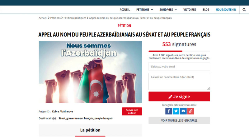 Fransa Senatının ittihamlarına qarşı petisiya artıq 500 nəfər tərəfindən imzalanıb