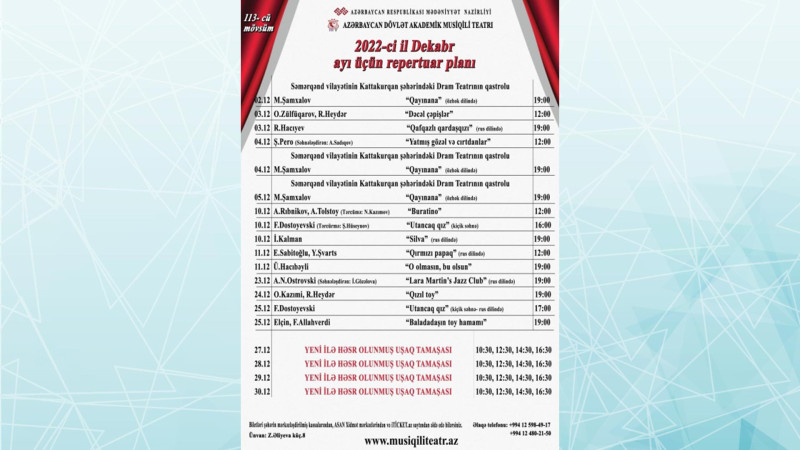 Akademik Musiqili Teatrının dekabr ayı üçün repertuarı açıqlanıb