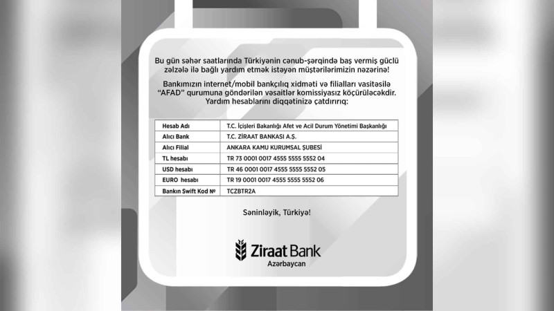 Türkiyəyə yardım göndərmək istəyənlərin nəzərinə: “Ziraat Bank”la köçürmələri komissiyasız göndərmək olar