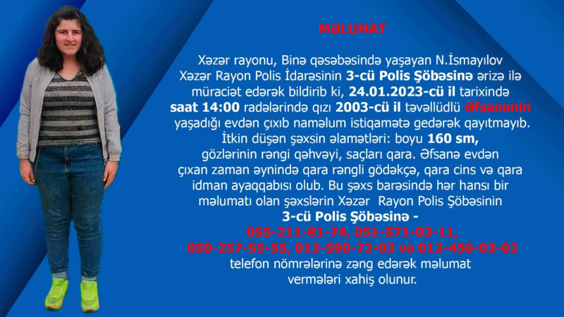 Xəzər rayonunda 20 yaşlı qız itkin düşüb