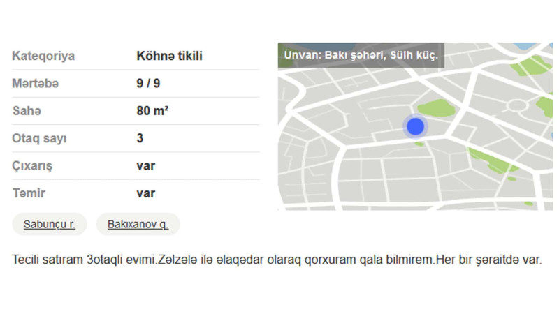 Bakıda ev sahibi zəlzələdən qorxduğu üçün evini satır