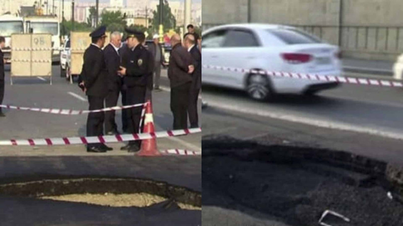 8 Noyabr prospektində yolun çökməsindən sonra təmir işləri aparılır