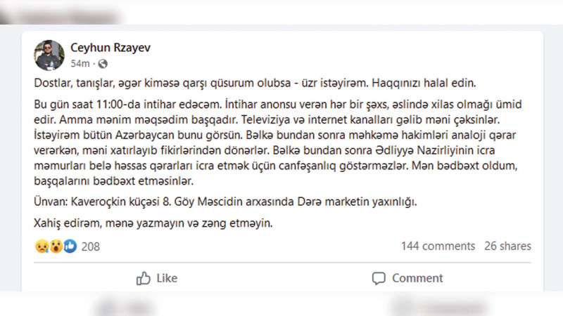 Bakıda məşhur jurnalist özünü öldürəcəyini elan edib - YENİLƏNİB