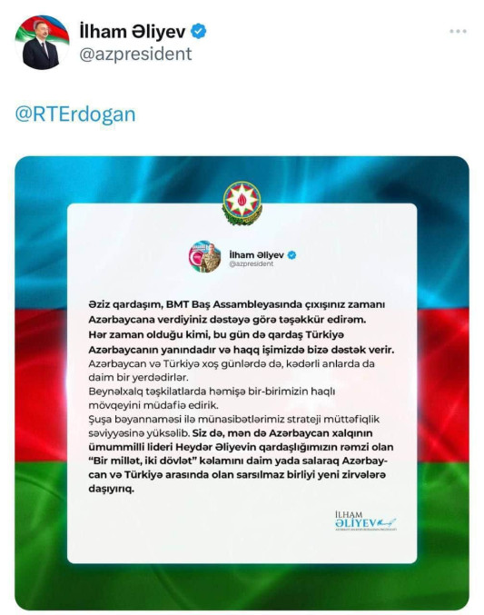 Prezident İlham Əliyev Türkiyə prezidentinə təşəkkür edib