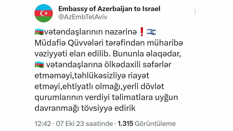 Azərbaycanın İsraildəki səfirliyi vətəndaşlarımıza çağırış edib