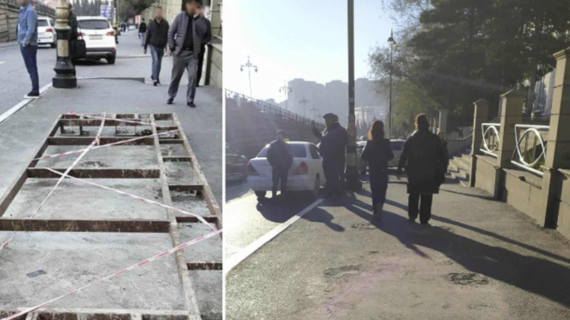“20 Yanvar”da səkinin ortasında quraşdırılan dayanacağın təməli sökülüb