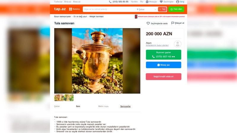 Bakıda 200.000 AZN-ə samovar satılır