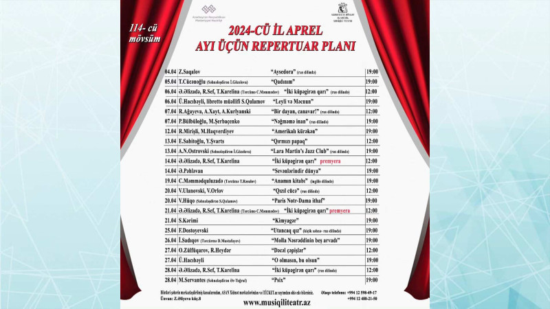 Musiqili Teatrın aprel ayı üçün repertuarı açıqlanıb