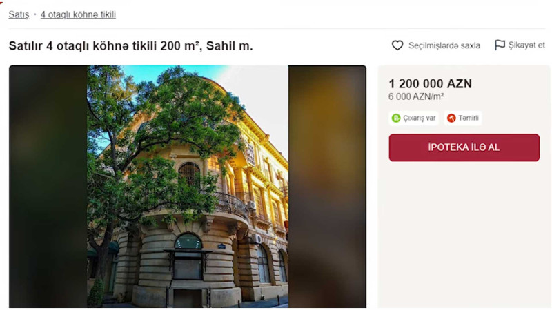 Bakının mərkəzində 1 milyon AZN-ə ev satılır