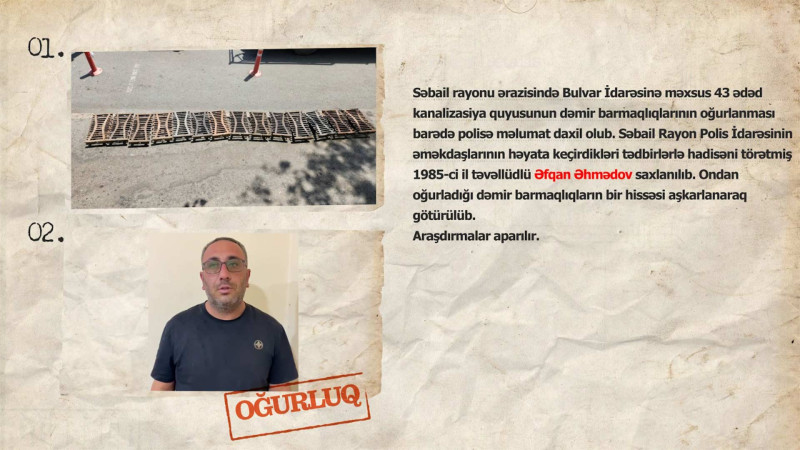 Bulvar İdarəsinə məxsus 43 ədəd kanalizasiya quyusunun qapaqları oğurlanıb