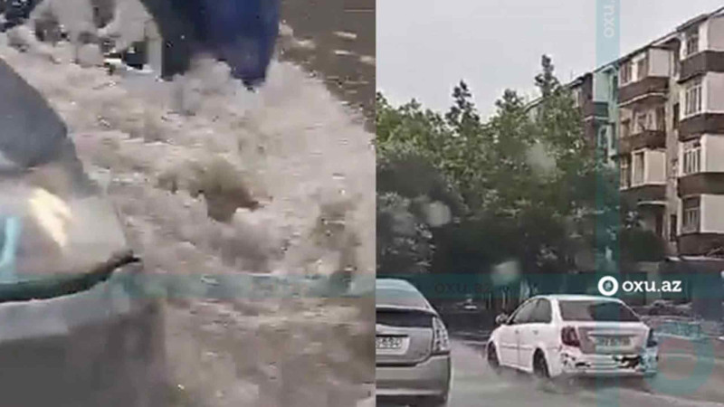 Yağışdan sonra Bakıda küçələri su basıb