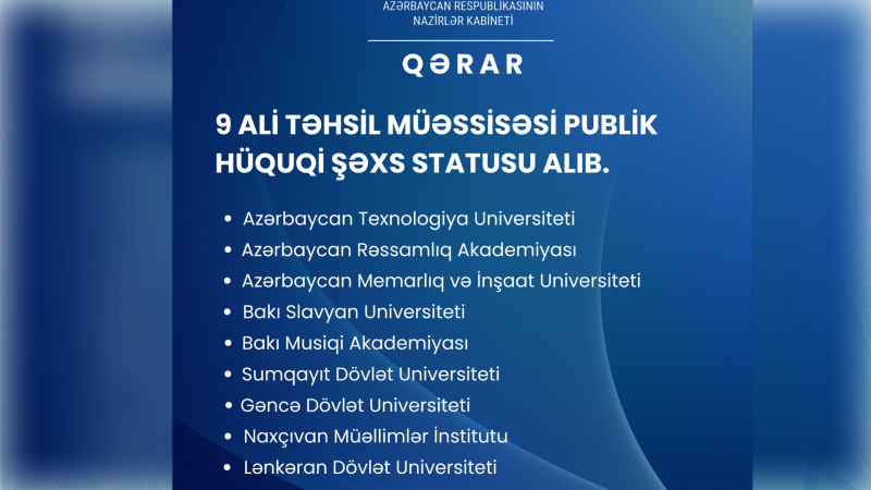 9 ali təhsil müəssisəsinin yenidən təşkili haqqında qərar qəbul edilib