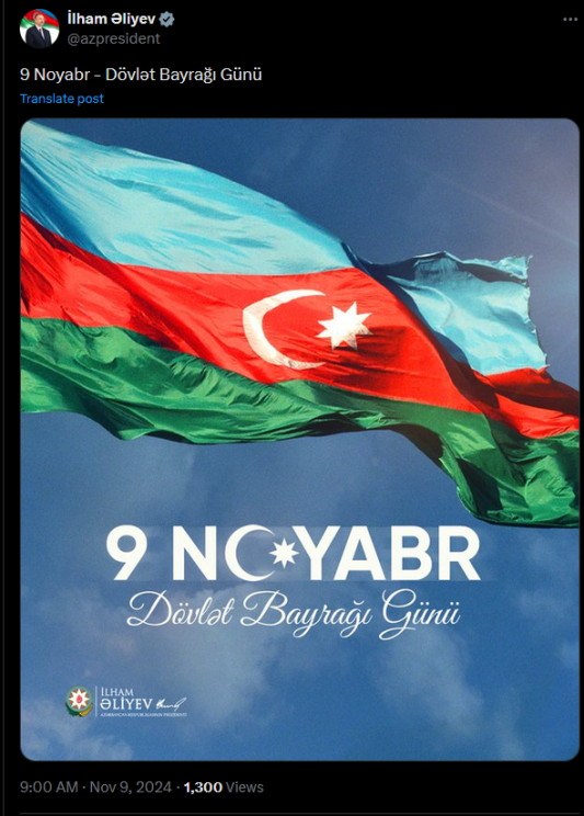 İlham Əliyev Dövlət Bayrağı Günü ilə bağlı paylaşım edib