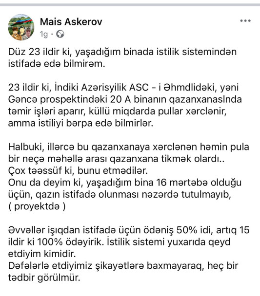 Bu binanın istilik sistemi bərpa edilmir – Sakinlər şikayətçidirlər 