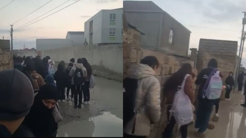 Xəzər rayonunda biabırçı mənzərə - Şagirdlər məktəbə girə bilmir + VİDEO