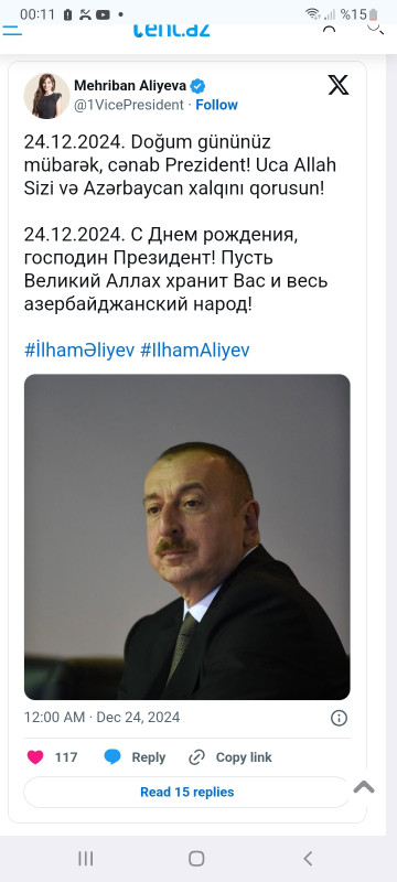 Mehriban Əliyeva Prezident İlham Əliyevi TƏBRİK ETDİ - FOTO