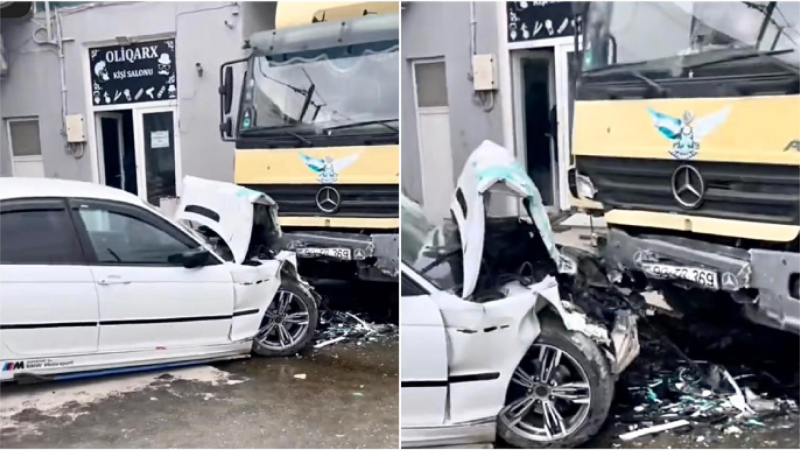 Maştağada qəza: “BMW” yük maşınına çırpıldı, sürücünün əli sındı - VİDEO