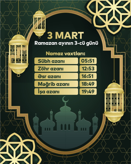 Ramazan ayının üçüncü gününün imsak, iftar və namaz vaxtları