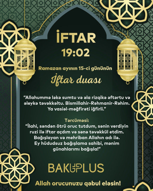 Ramazan ayının on beşinci gününün imsak, iftar və namaz vaxtları