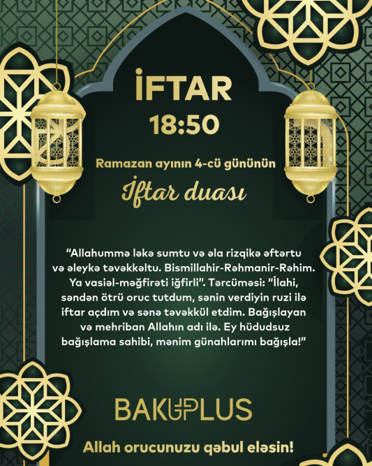 Ramazan ayının dördüncü gününün imsak, iftar və namaz vaxtları
