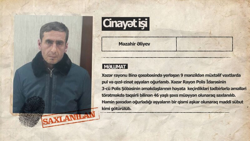 Binədə 9 mənzildən oğurluq edən şəxs həbs edildi