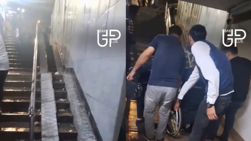 Əlil arabasında olan şəxsə ətrafdakılar kömək etdi - Pandus yararsız vəziyyətdə