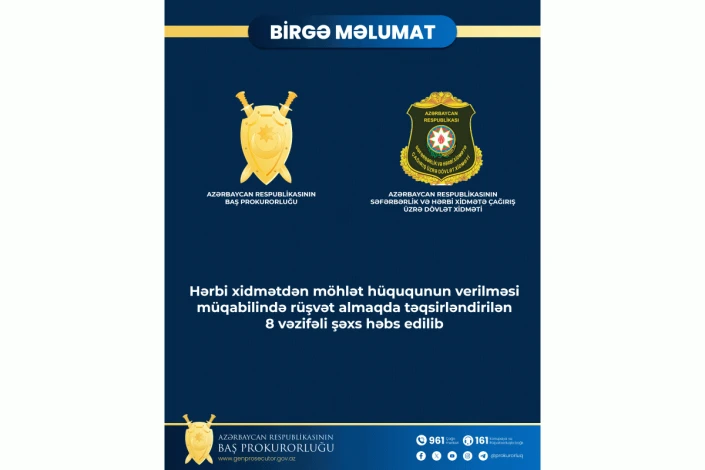Rüşvət almaqda təqsirləndirilən 8 vəzifəli şəxs həbs edilib