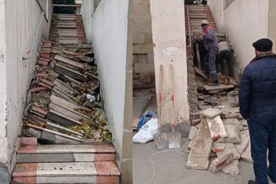 Bakıda dağılan pilləkən təmir olunur