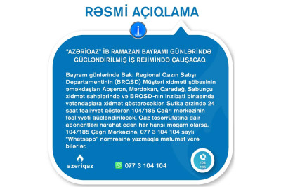 “Azəriqaz” İB bayram günlərindəki iş qrafiklərini açıqladı