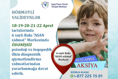 Bakıda uşaqlar üçün ödənişsiz psixoloji və loqopedik diaqnostika keçiriləcək