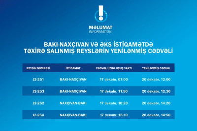 Bakı-Naxçıvan aviareysləri yenidən bərpa olunub