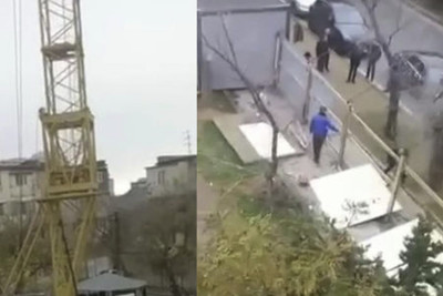 Nizami rayonunda inşaat kranı 3 binanın ortasında quraşdırılıb