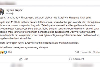 Bakıda məşhur jurnalist özünü öldürəcəyini elan edib - YENİLƏNİB