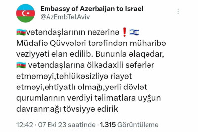Azərbaycanın İsraildəki səfirliyi vətəndaşlarımıza çağırış edib