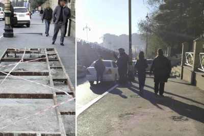 “20 Yanvar”da səkinin ortasında quraşdırılan dayanacağın təməli sökülüb